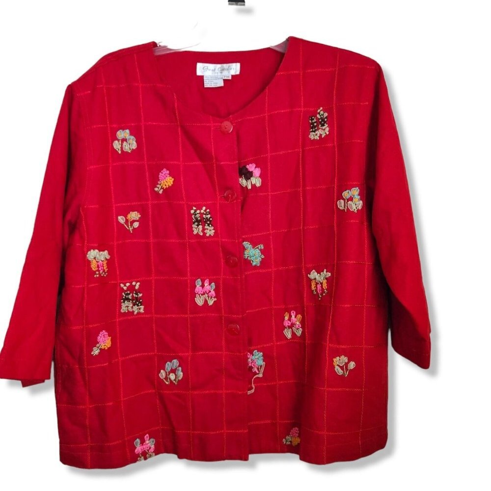 Great‎ Cavalier St. Paul 100% Silk Button Shirt Women Petite M Red 3D embroidery
